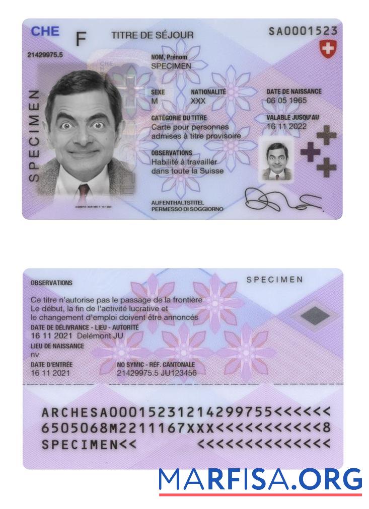 Printable Switzerland residence permit card example
